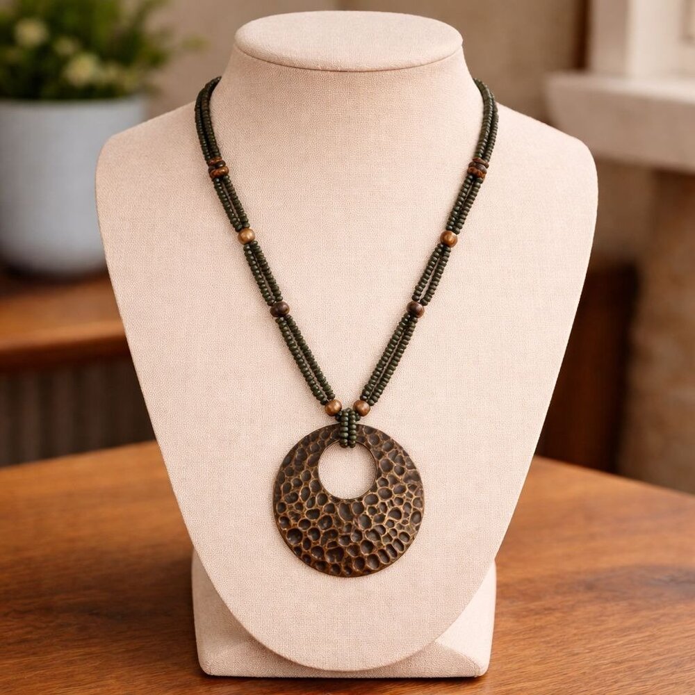 Artisan Handcrafted Green Seed Bead Bronze Honeycomb Pendant Necklace 25 in Boho